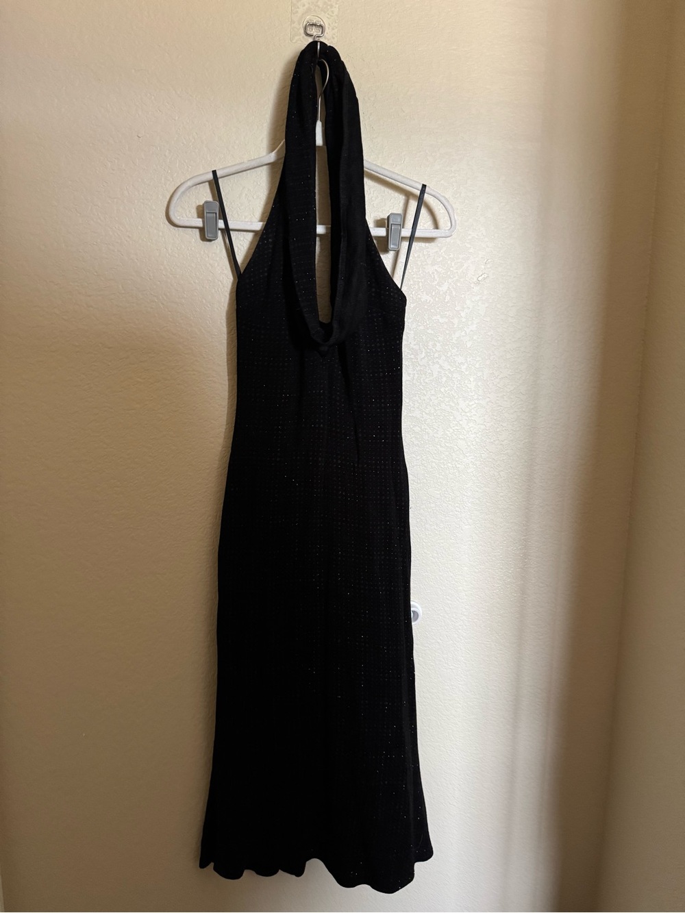 Vintage Y2K Glitter Halter neck waterfall neck midi dress sz 4 black open back